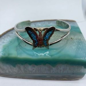 Vintage Turquoise Coral Inlay Butterfly Bracelet